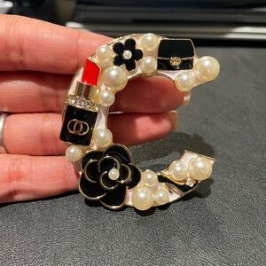 Pearl and Black C Brooch